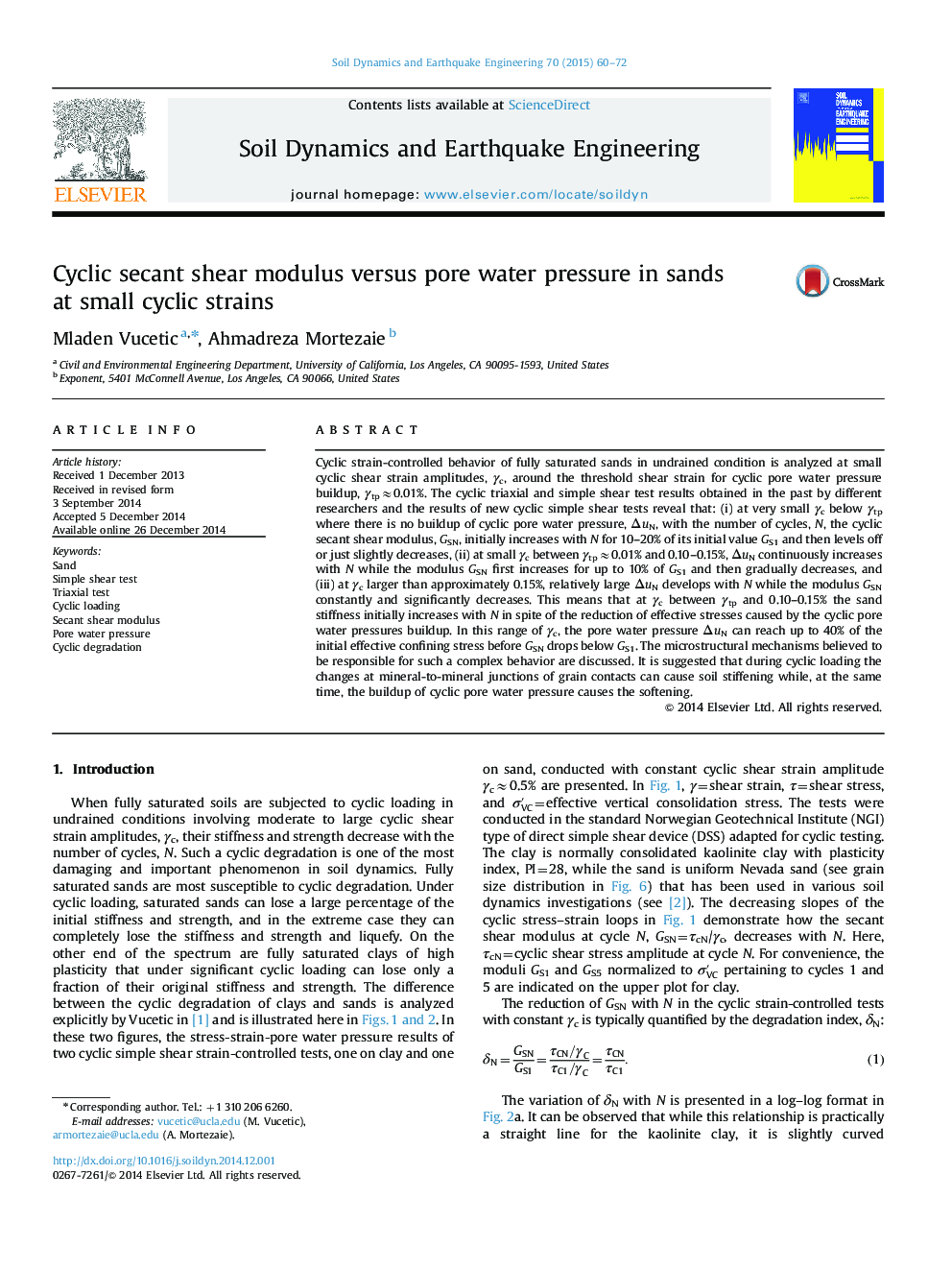 Cyclic secant shear modulus versus pore water pressure in sands at small cyclic strains