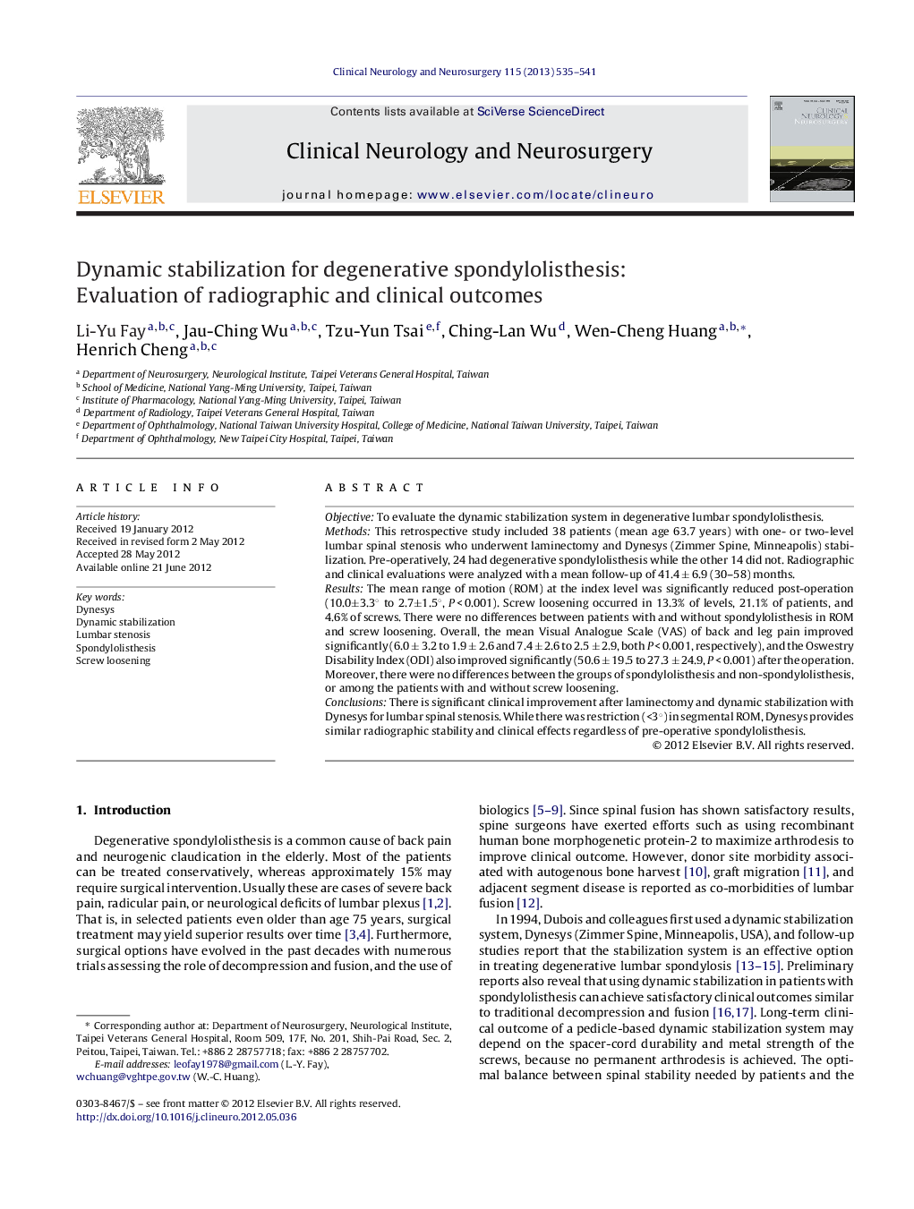 Dynamic stabilization for degenerative spondylolisthesis: Evaluation of radiographic and clinical outcomes