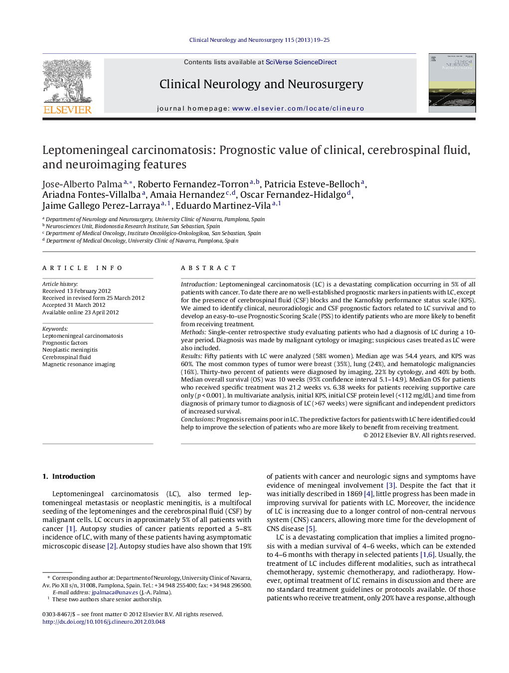 Leptomeningeal carcinomatosis: Prognostic value of clinical, cerebrospinal fluid, and neuroimaging features