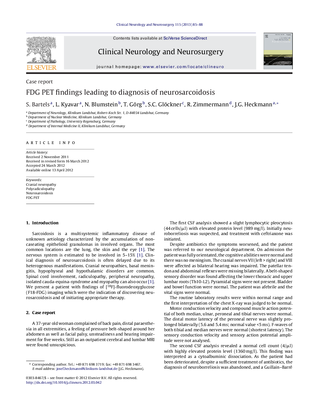 FDG PET findings leading to diagnosis of neurosarcoidosis