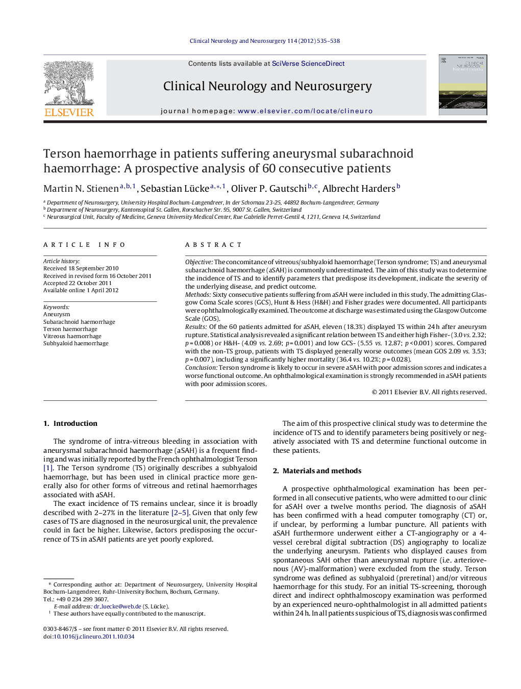 Terson haemorrhage in patients suffering aneurysmal subarachnoid haemorrhage: A prospective analysis of 60 consecutive patients