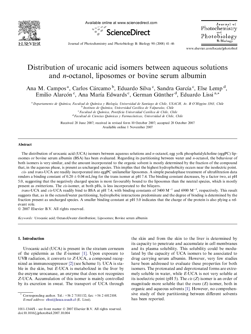 Distribution of urocanic acid isomers between aqueous solutions and n-octanol, liposomes or bovine serum albumin