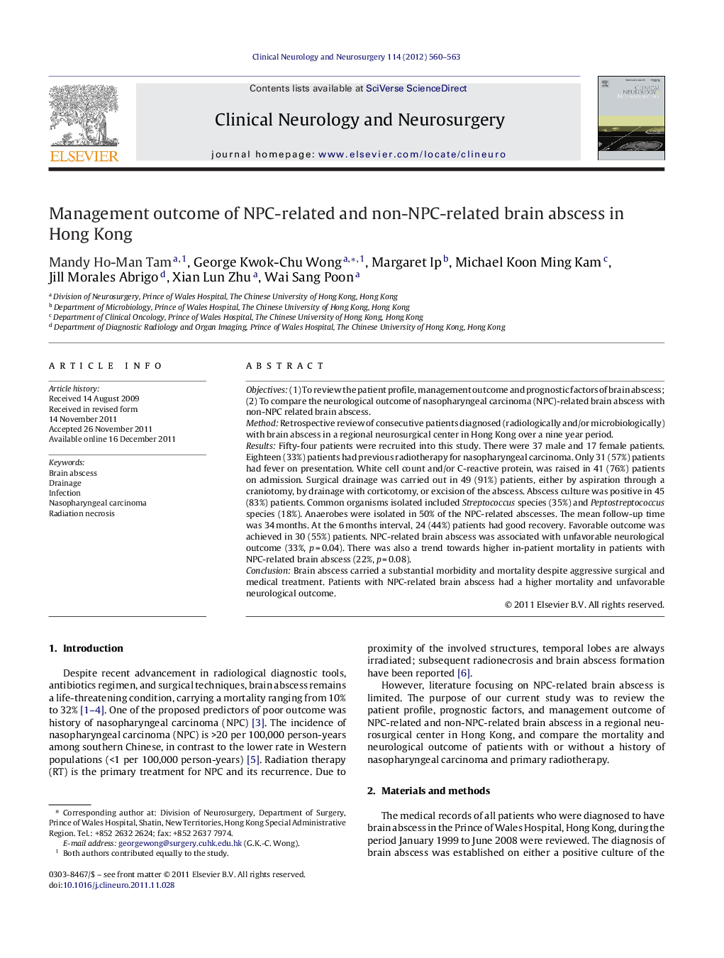 Management outcome of NPC-related and non-NPC-related brain abscess in Hong Kong