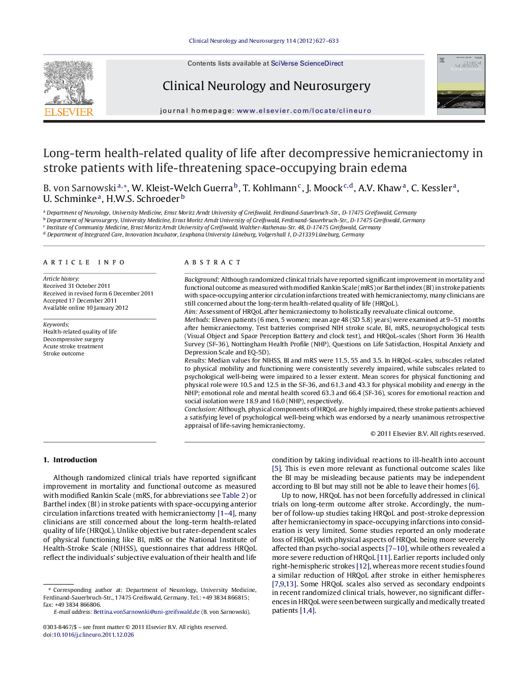 Long-term health-related quality of life after decompressive hemicraniectomy in stroke patients with life-threatening space-occupying brain edema