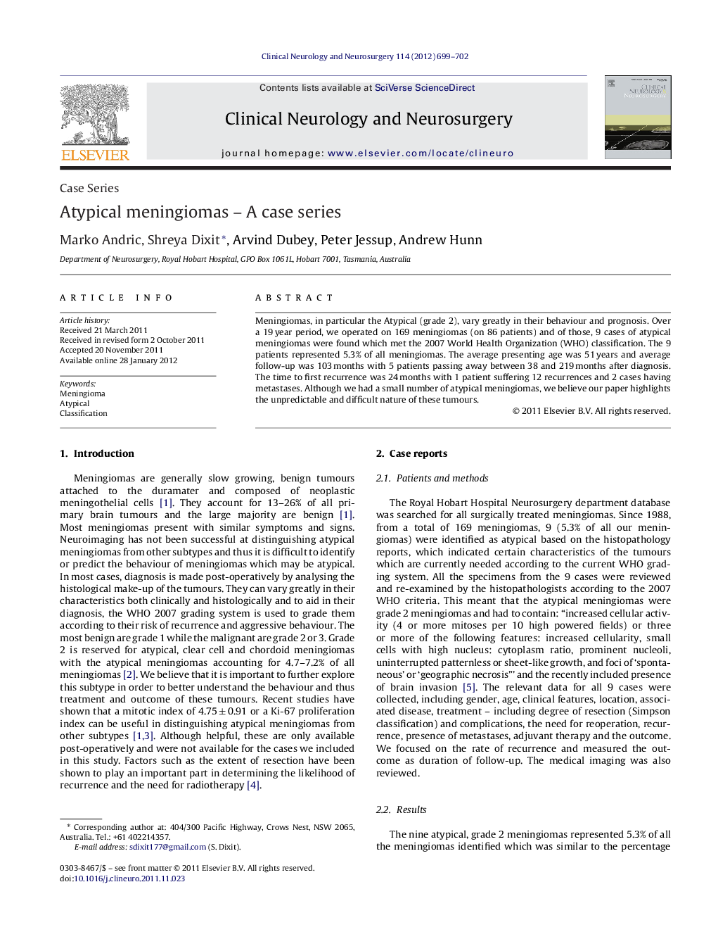 Atypical meningiomas – A case series