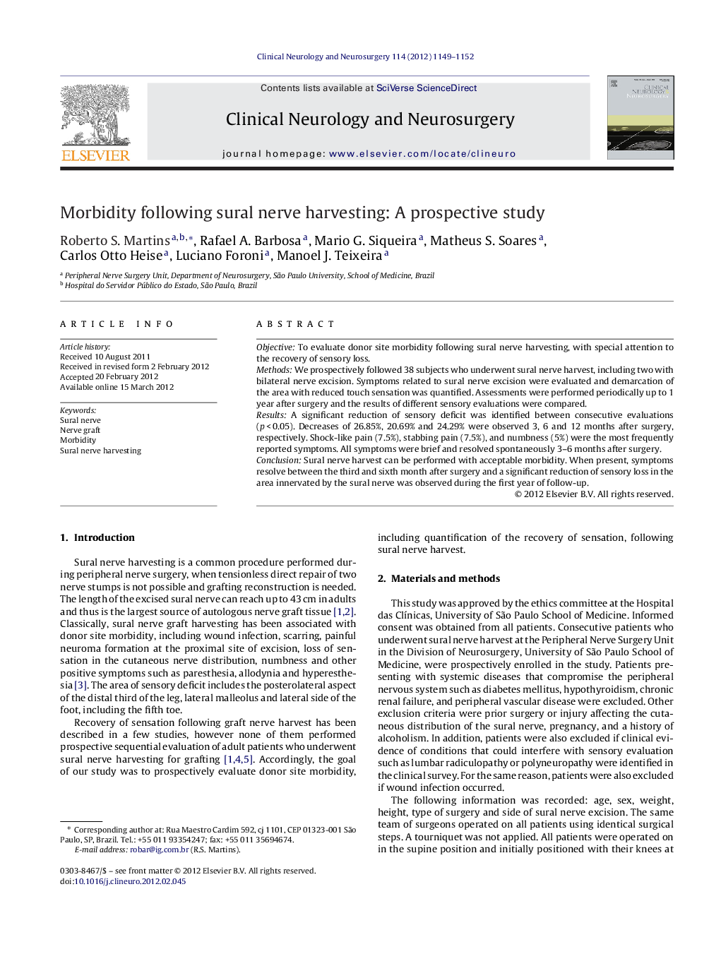 Morbidity following sural nerve harvesting: A prospective study