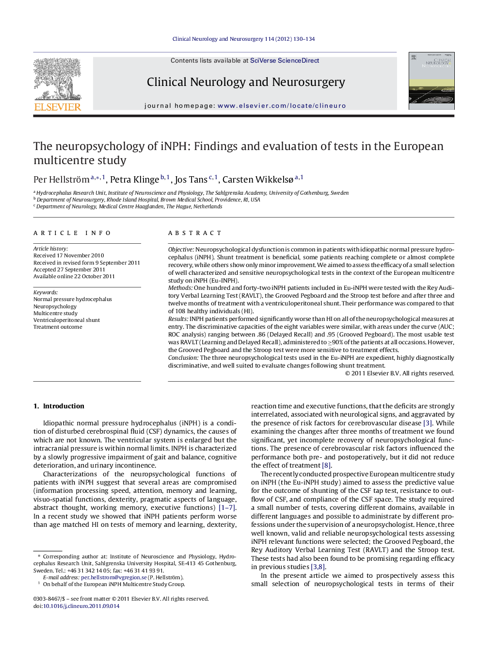 The neuropsychology of iNPH: Findings and evaluation of tests in the European multicentre study