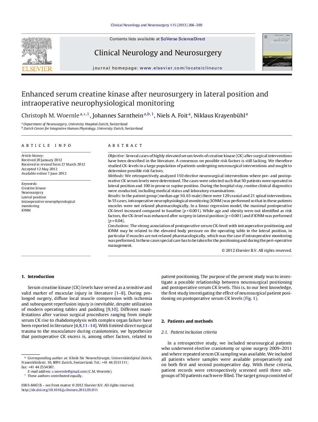 Enhanced serum creatine kinase after neurosurgery in lateral position and intraoperative neurophysiological monitoring