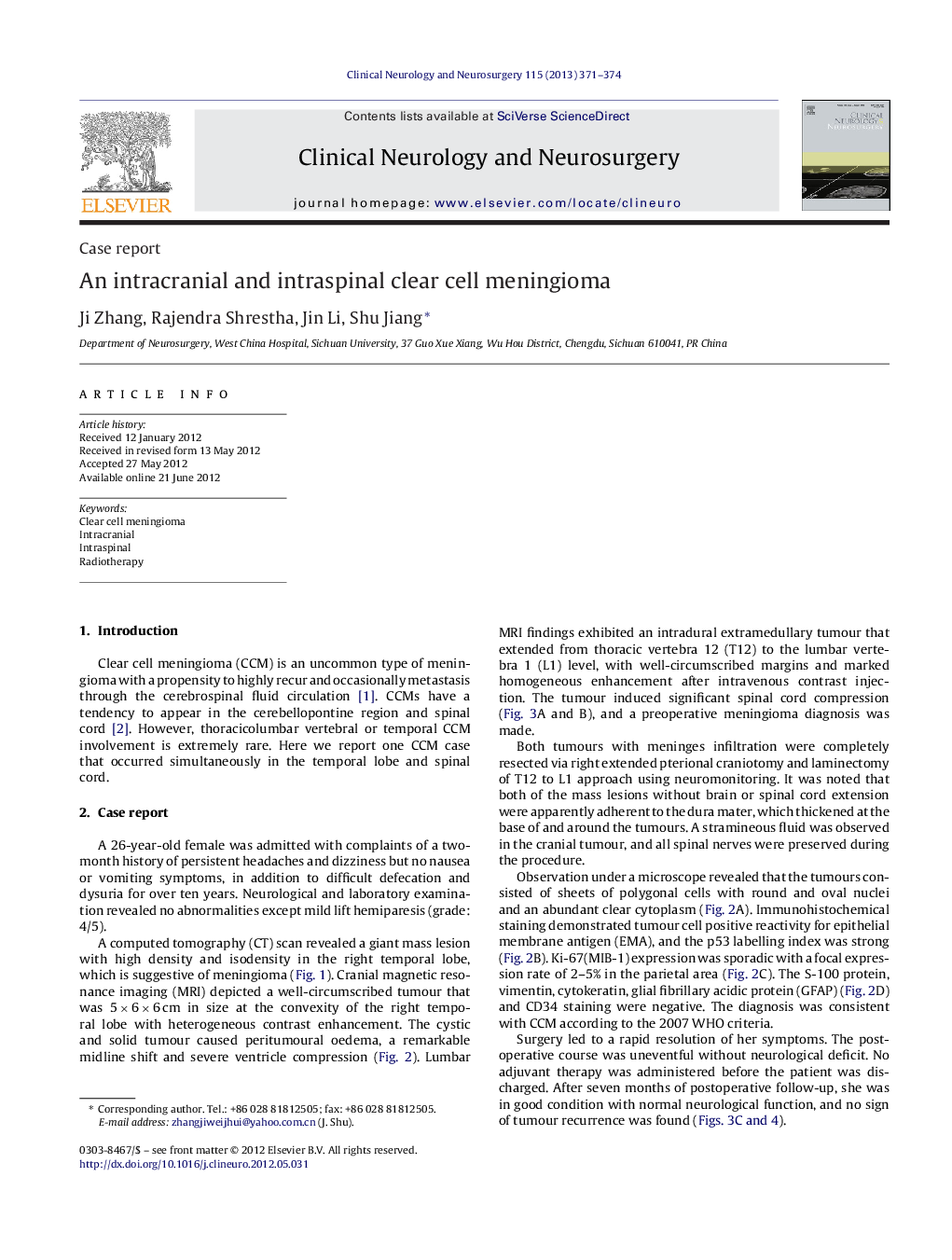 An intracranial and intraspinal clear cell meningioma