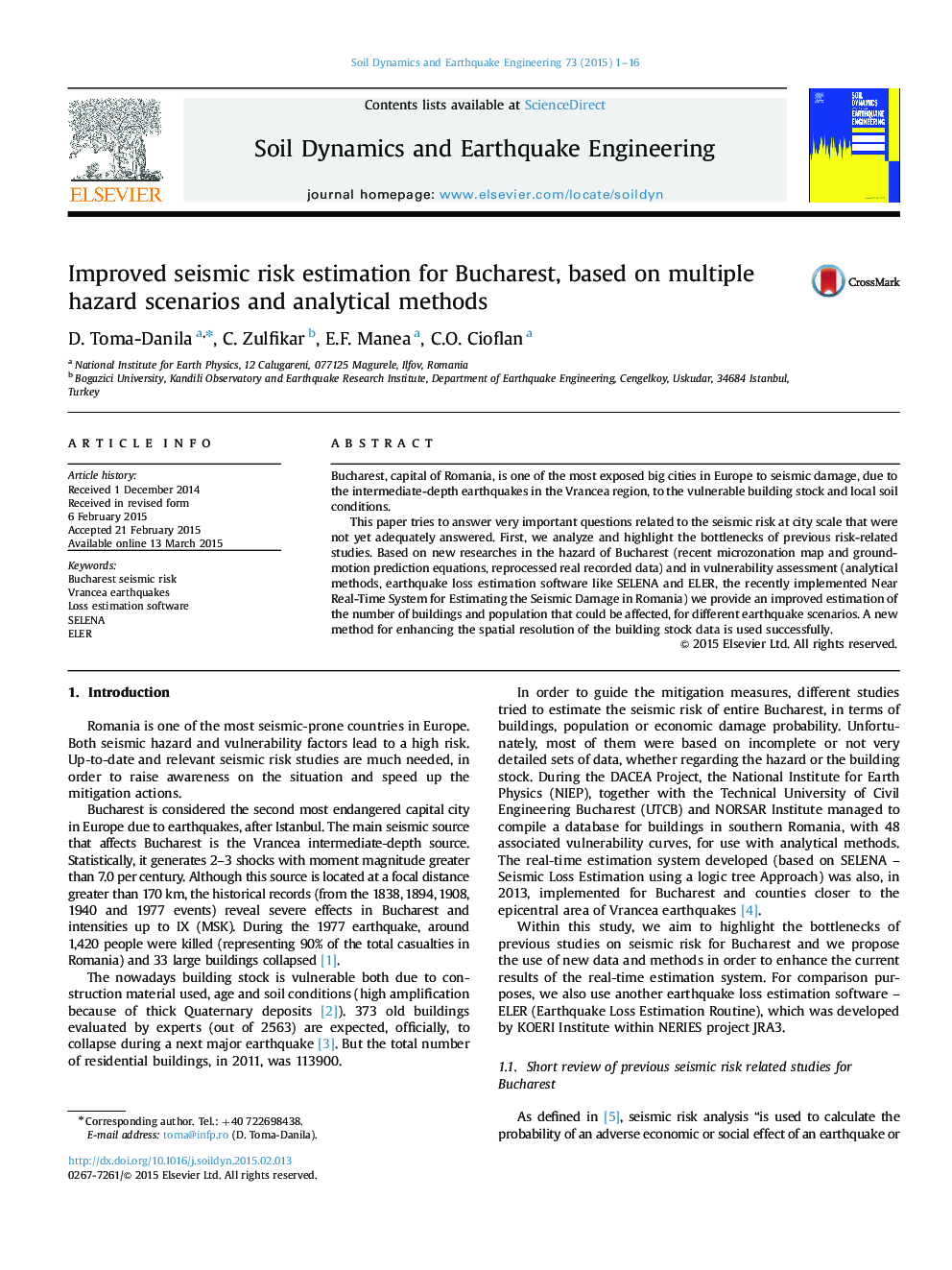 Improved seismic risk estimation for Bucharest, based on multiple hazard scenarios and analytical methods