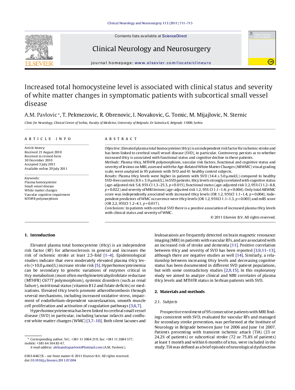 Increased total homocysteine level is associated with clinical status and severity of white matter changes in symptomatic patients with subcortical small vessel disease