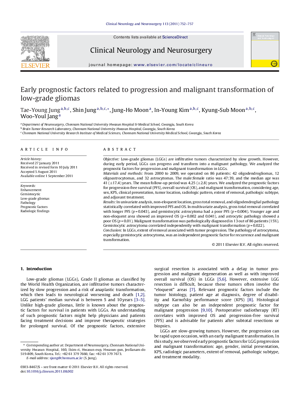 Early prognostic factors related to progression and malignant transformation of low-grade gliomas