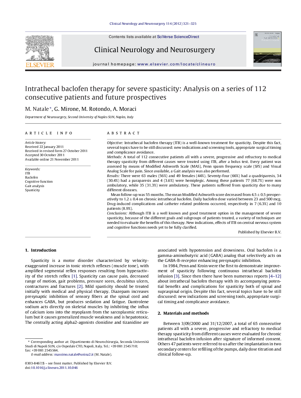 Intrathecal baclofen therapy for severe spasticity: Analysis on a series of 112 consecutive patients and future prospectives