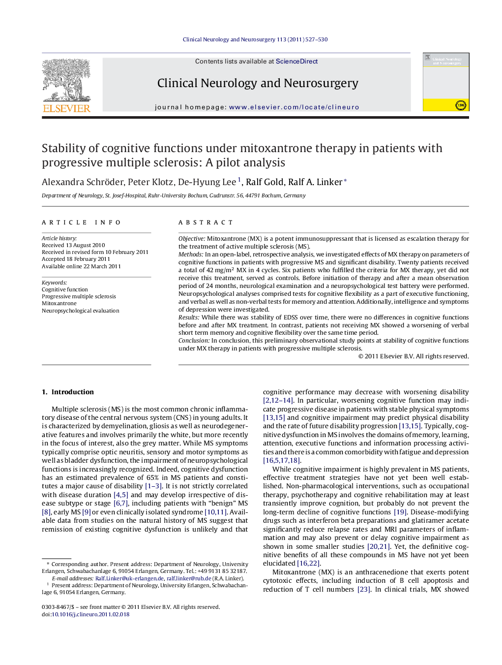 Stability of cognitive functions under mitoxantrone therapy in patients with progressive multiple sclerosis: A pilot analysis