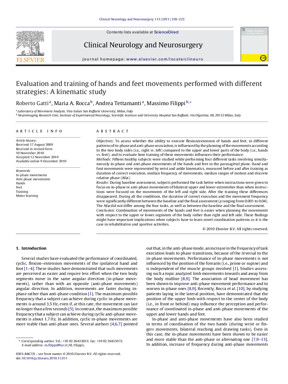 Evaluation and training of hands and feet movements performed with different strategies: A kinematic study