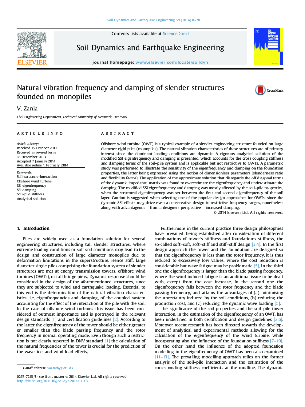 Natural vibration frequency and damping of slender structures founded on monopiles