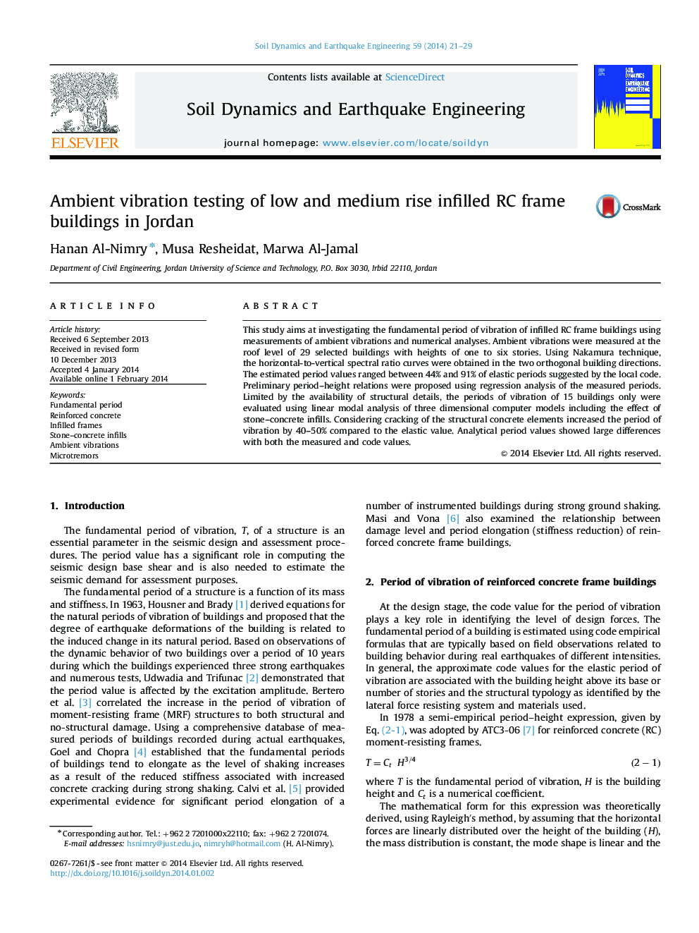 Ambient vibration testing of low and medium rise infilled RC frame buildings in Jordan