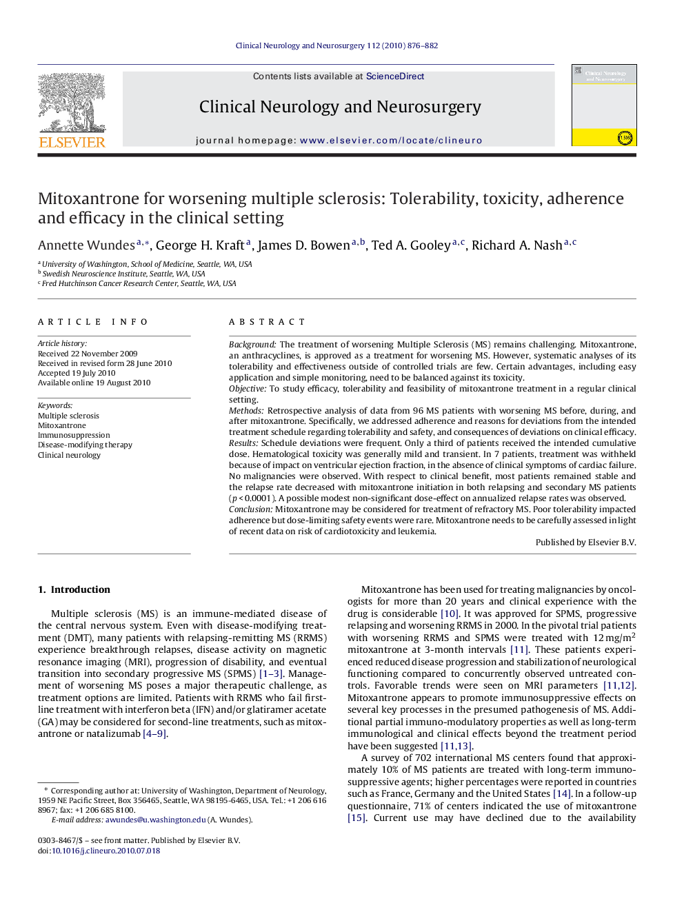 Mitoxantrone for worsening multiple sclerosis: Tolerability, toxicity, adherence and efficacy in the clinical setting