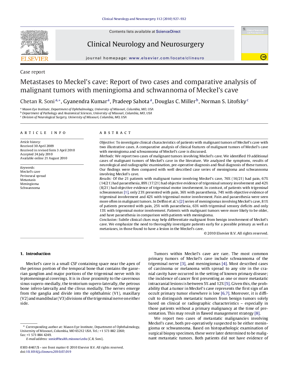 Metastases to Meckel's cave: Report of two cases and comparative analysis of malignant tumors with meningioma and schwannoma of Meckel's cave