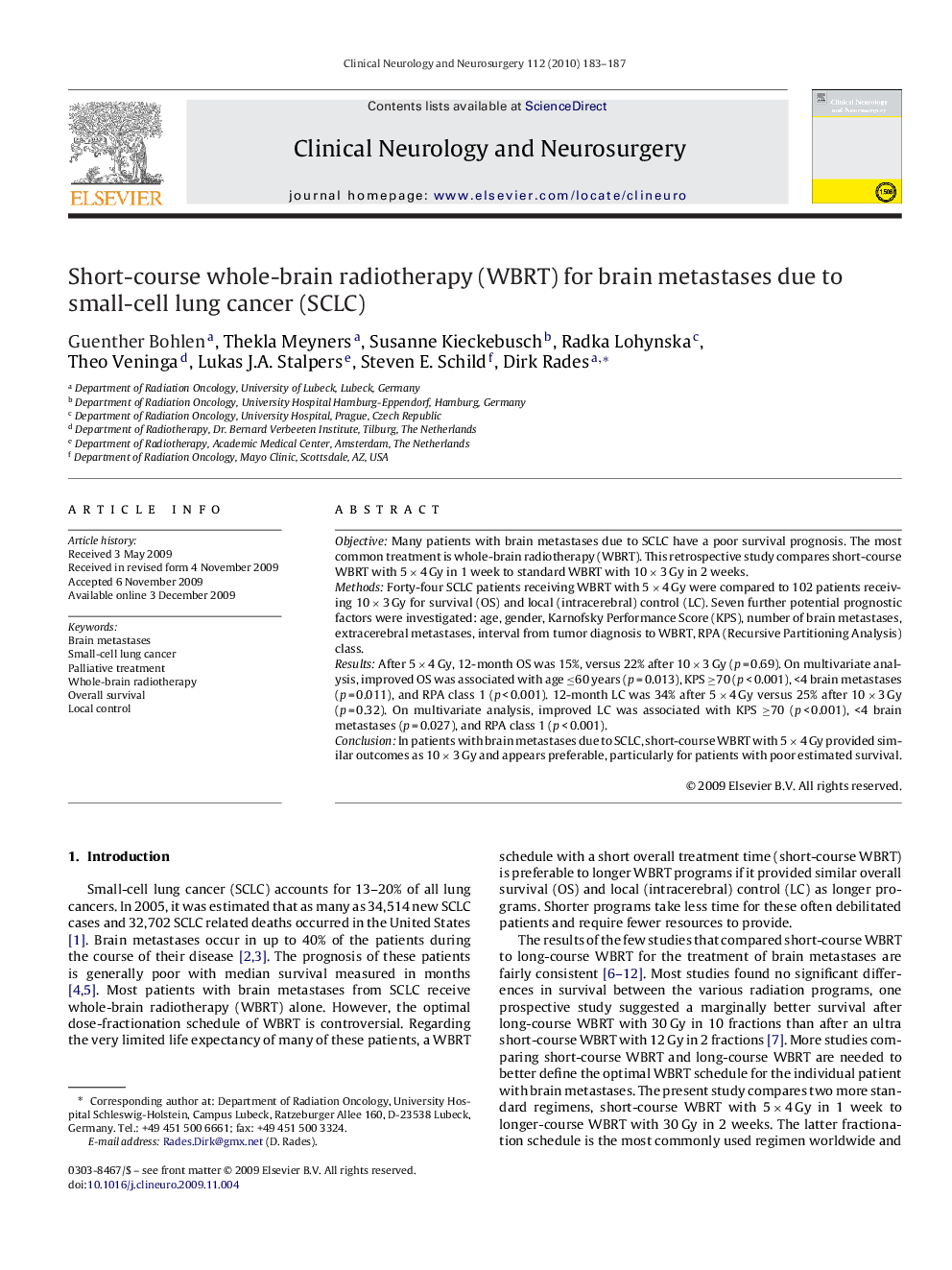 Short-course whole-brain radiotherapy (WBRT) for brain metastases due to small-cell lung cancer (SCLC)