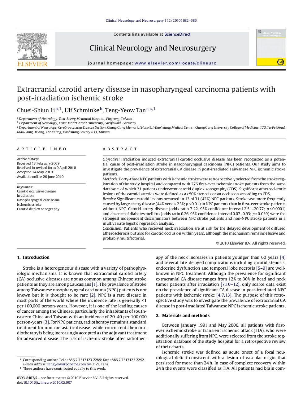 Extracranial carotid artery disease in nasopharyngeal carcinoma patients with post-irradiation ischemic stroke