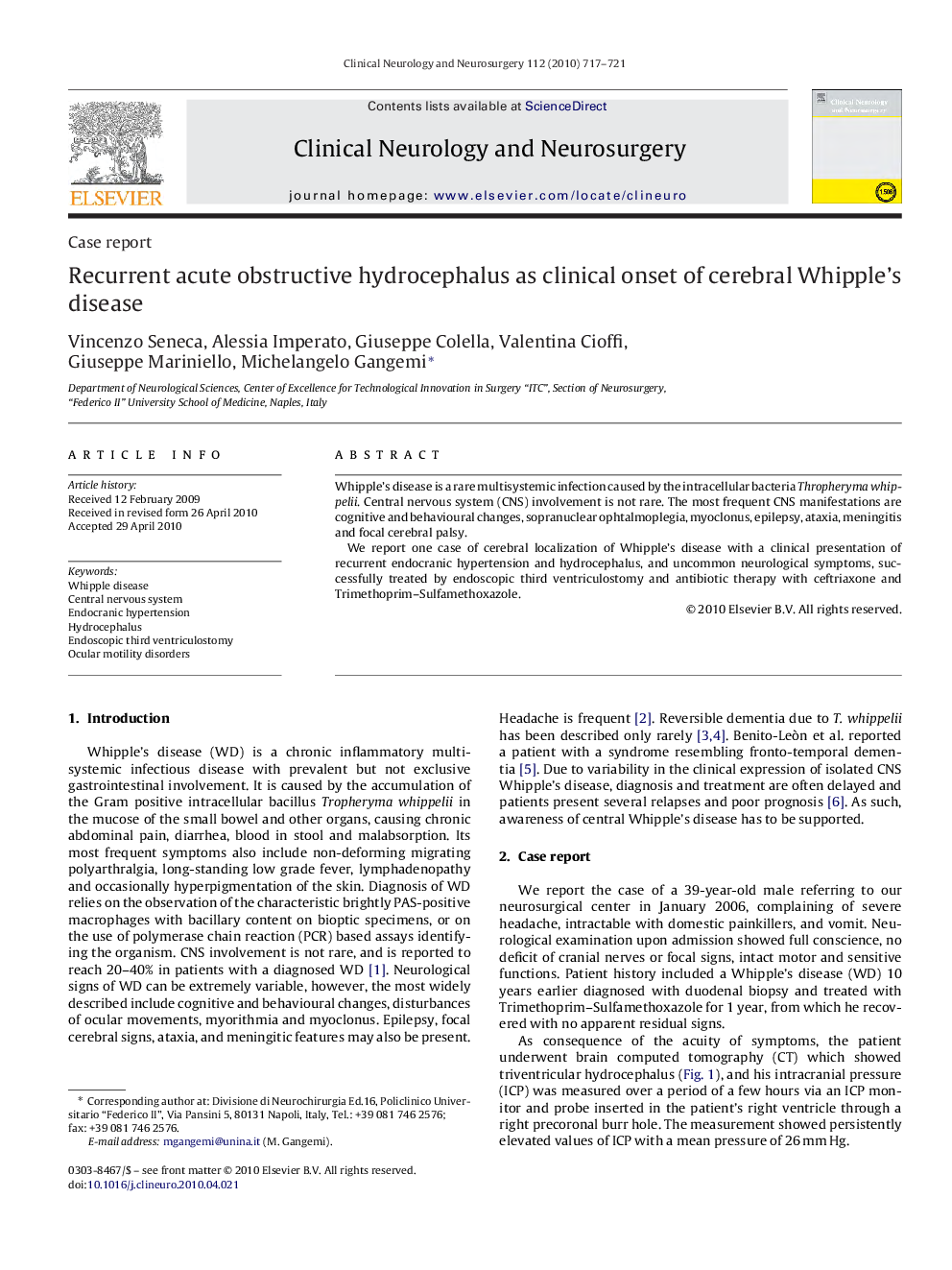 Recurrent acute obstructive hydrocephalus as clinical onset of cerebral Whipple's disease