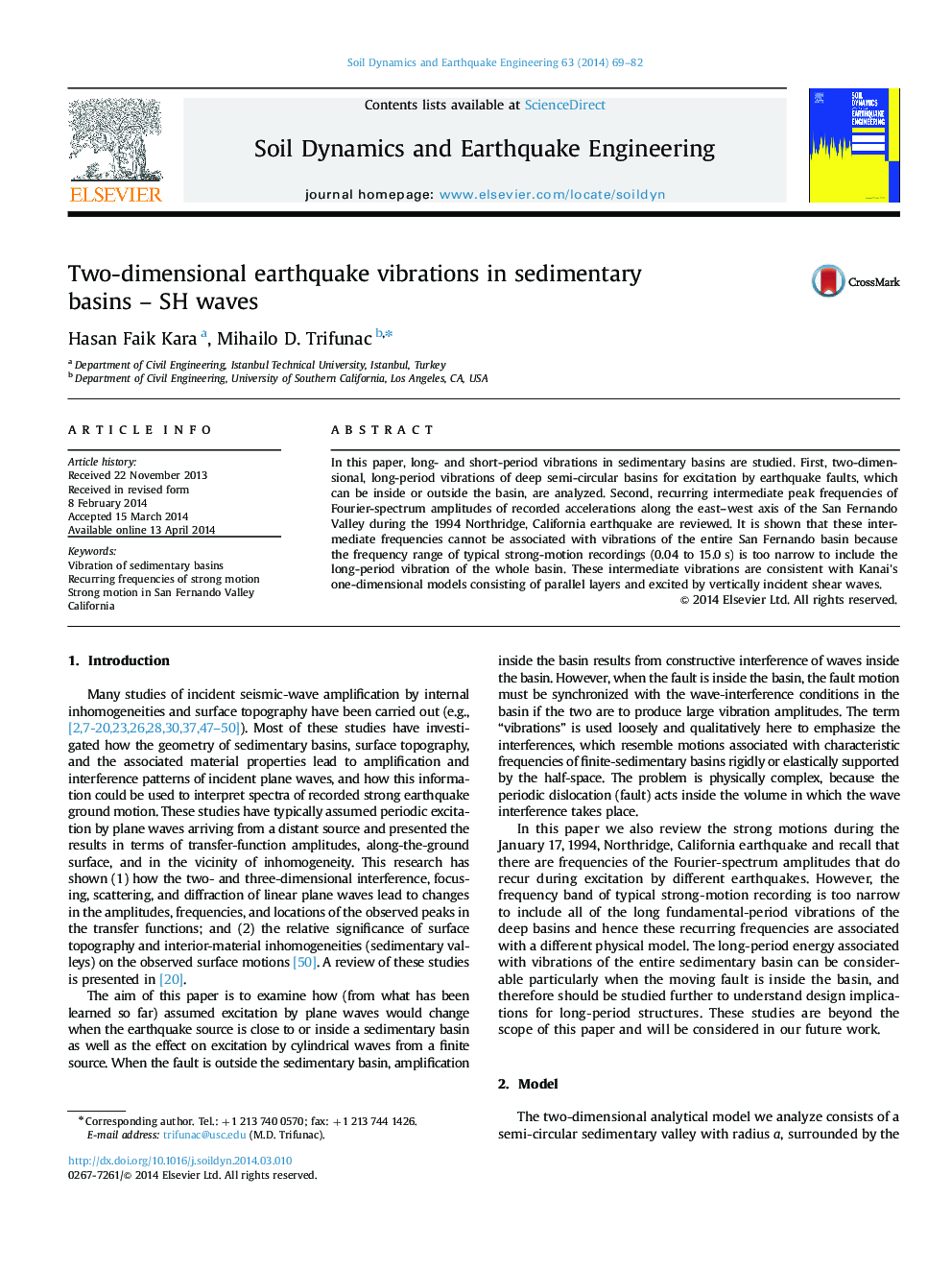 Two-dimensional earthquake vibrations in sedimentary basins – SH waves