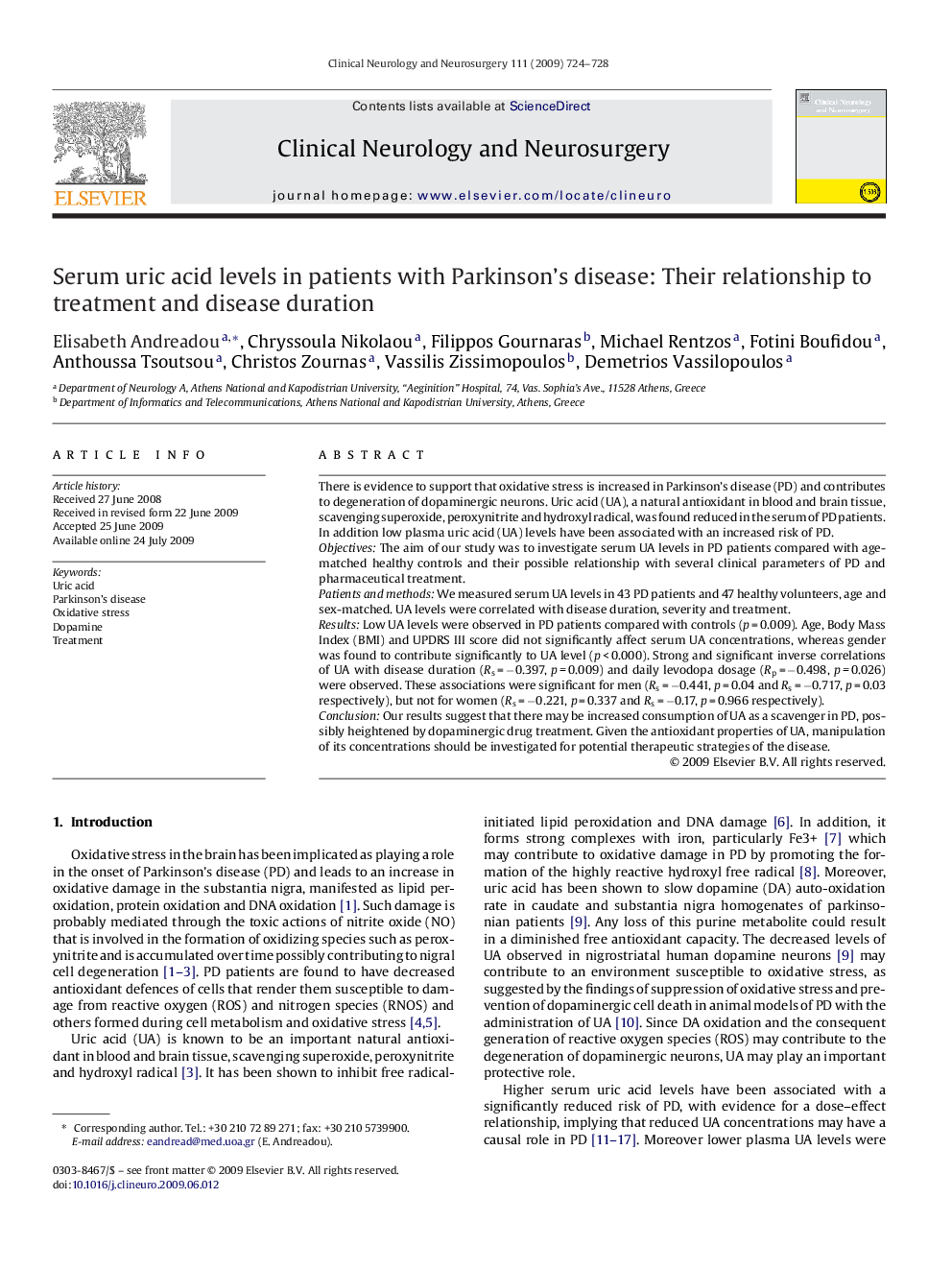 Serum uric acid levels in patients with Parkinson's disease: Their relationship to treatment and disease duration