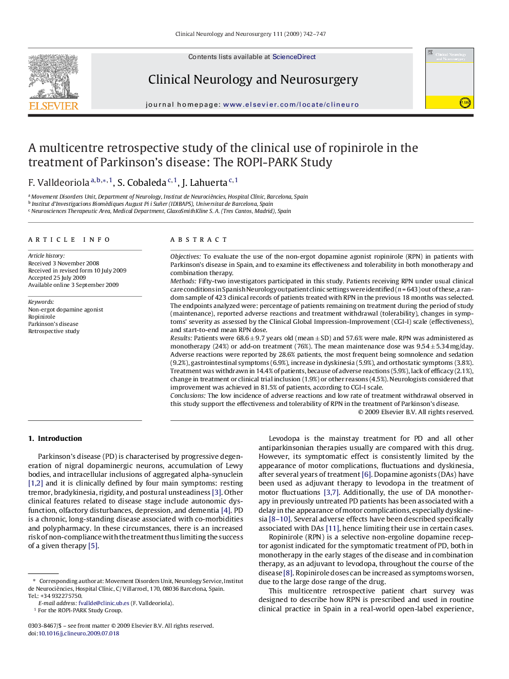 A multicentre retrospective study of the clinical use of ropinirole in the treatment of Parkinson's disease: The ROPI-PARK Study