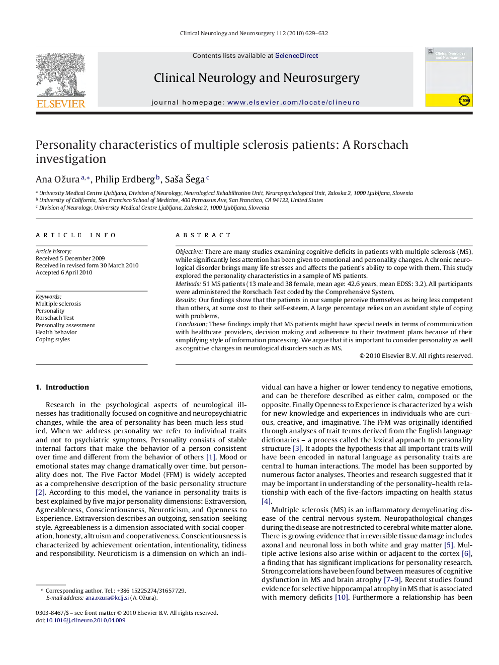 Personality characteristics of multiple sclerosis patients: A Rorschach investigation