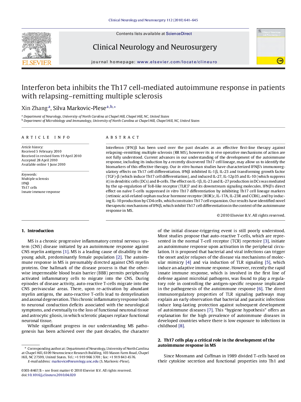 Interferon beta inhibits the Th17 cell-mediated autoimmune response in patients with relapsing–remitting multiple sclerosis