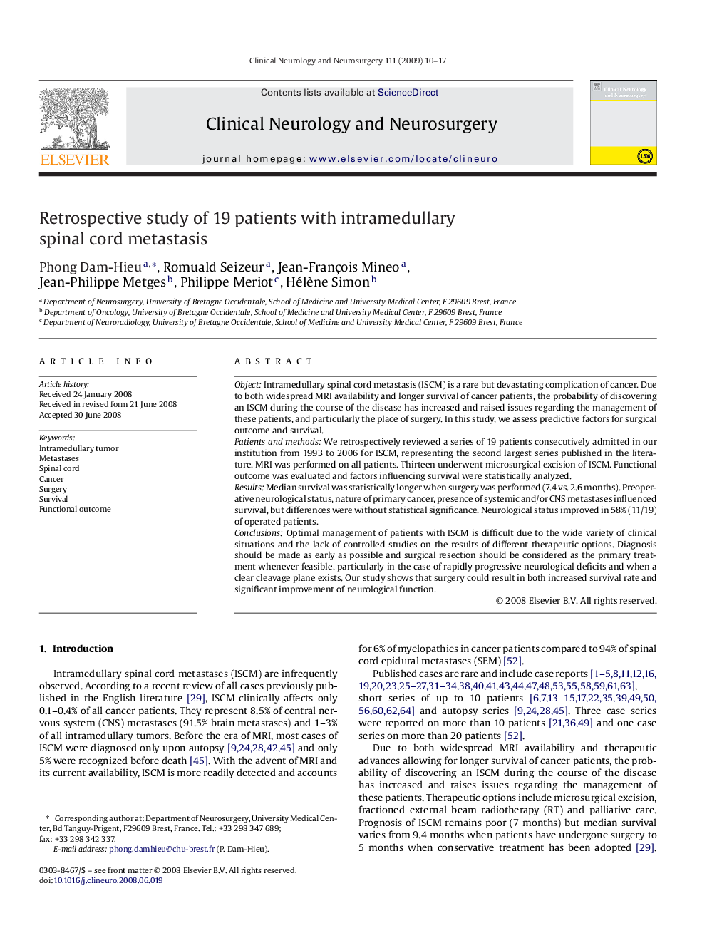 Retrospective study of 19 patients with intramedullary spinal cord metastasis