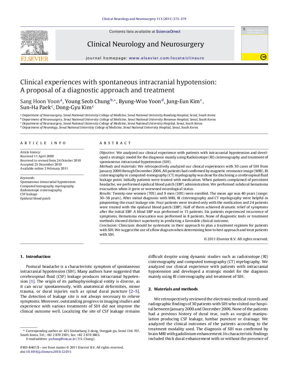 Clinical experiences with spontaneous intracranial hypotension: A proposal of a diagnostic approach and treatment