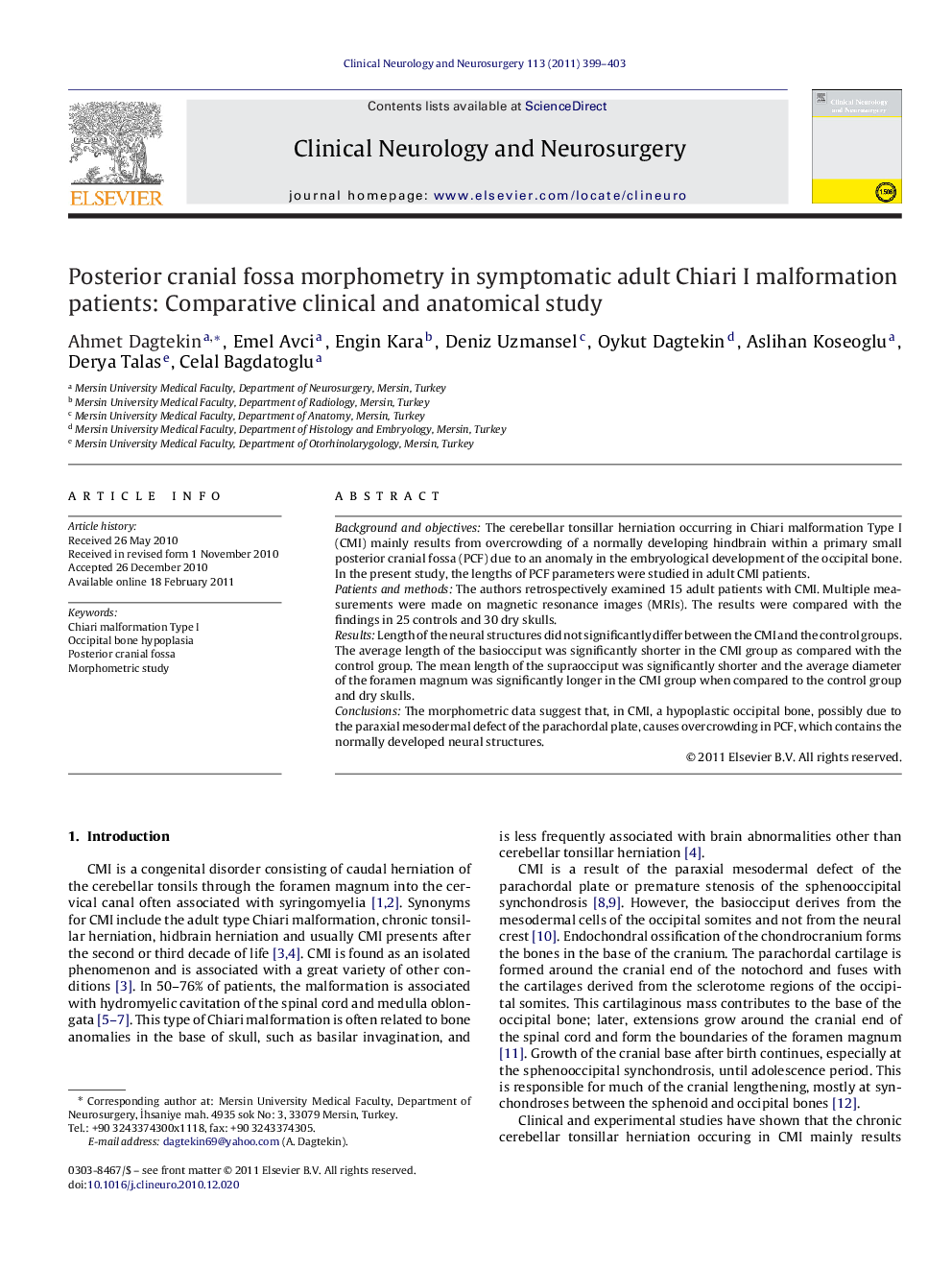 Posterior cranial fossa morphometry in symptomatic adult Chiari I malformation patients: Comparative clinical and anatomical study