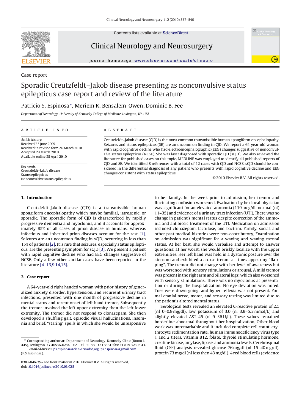 Sporadic Creutzfeldt–Jakob disease presenting as nonconvulsive status epilepticus case report and review of the literature