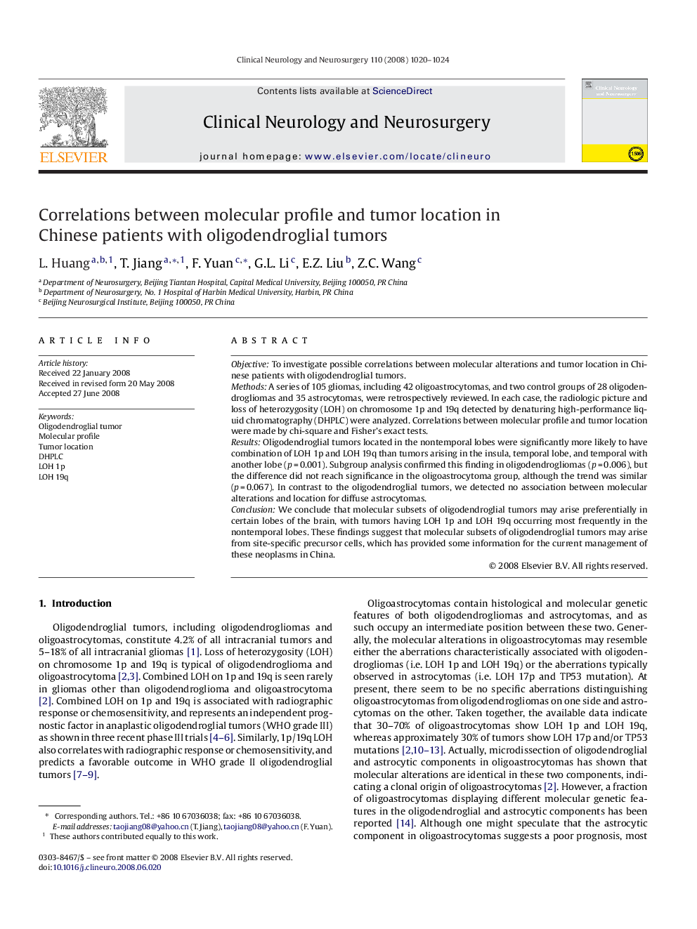 Correlations between molecular profile and tumor location in Chinese patients with oligodendroglial tumors