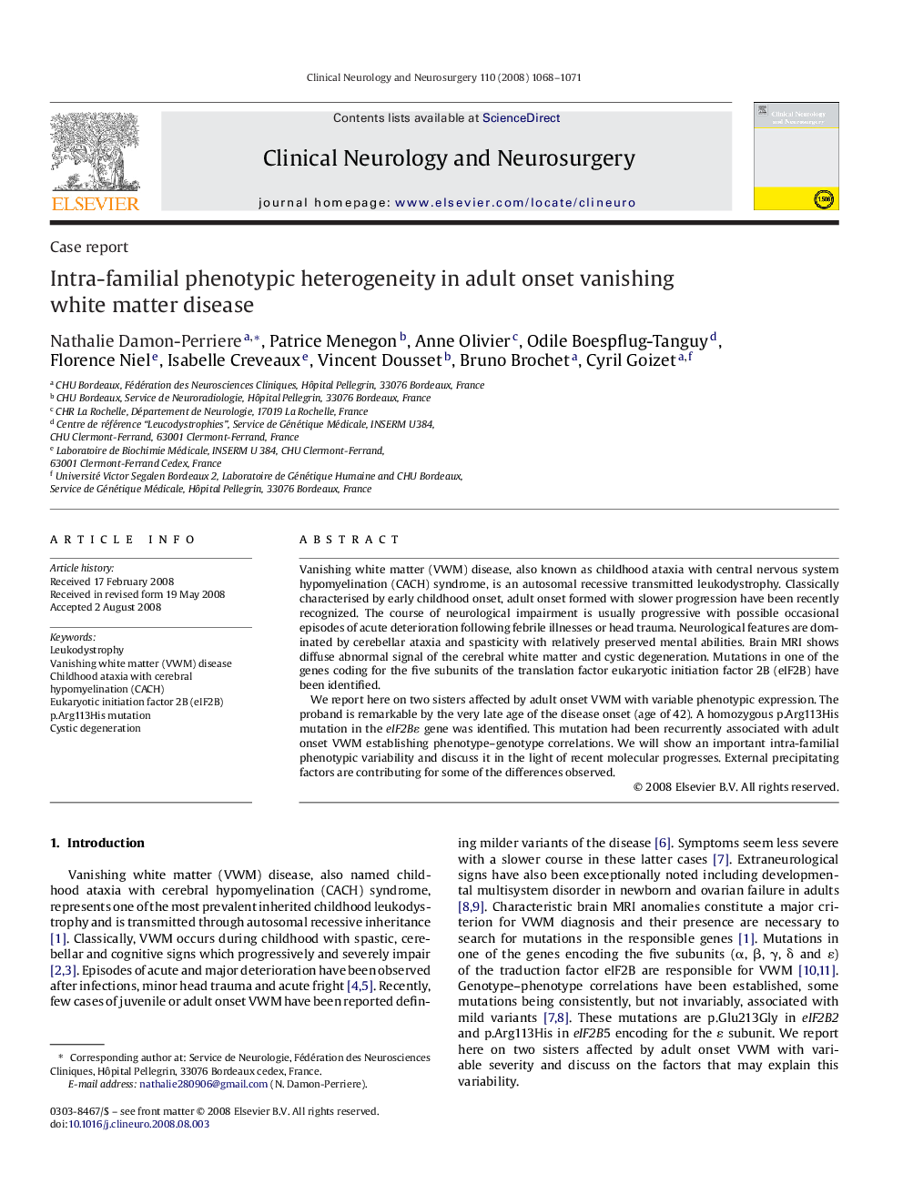 Intra-familial phenotypic heterogeneity in adult onset vanishing white matter disease