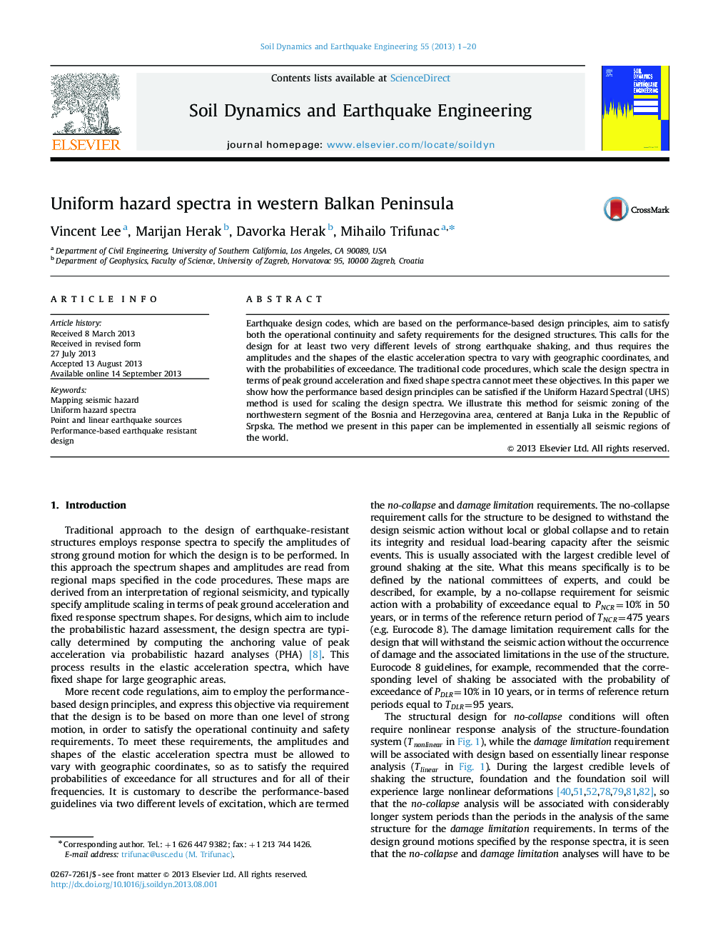 Uniform hazard spectra in western Balkan Peninsula