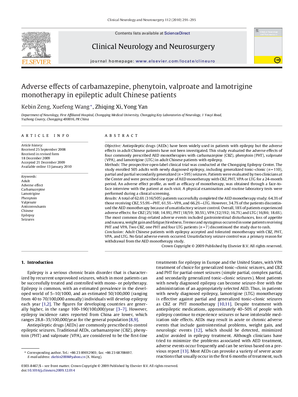 Adverse effects of carbamazepine, phenytoin, valproate and lamotrigine monotherapy in epileptic adult Chinese patients