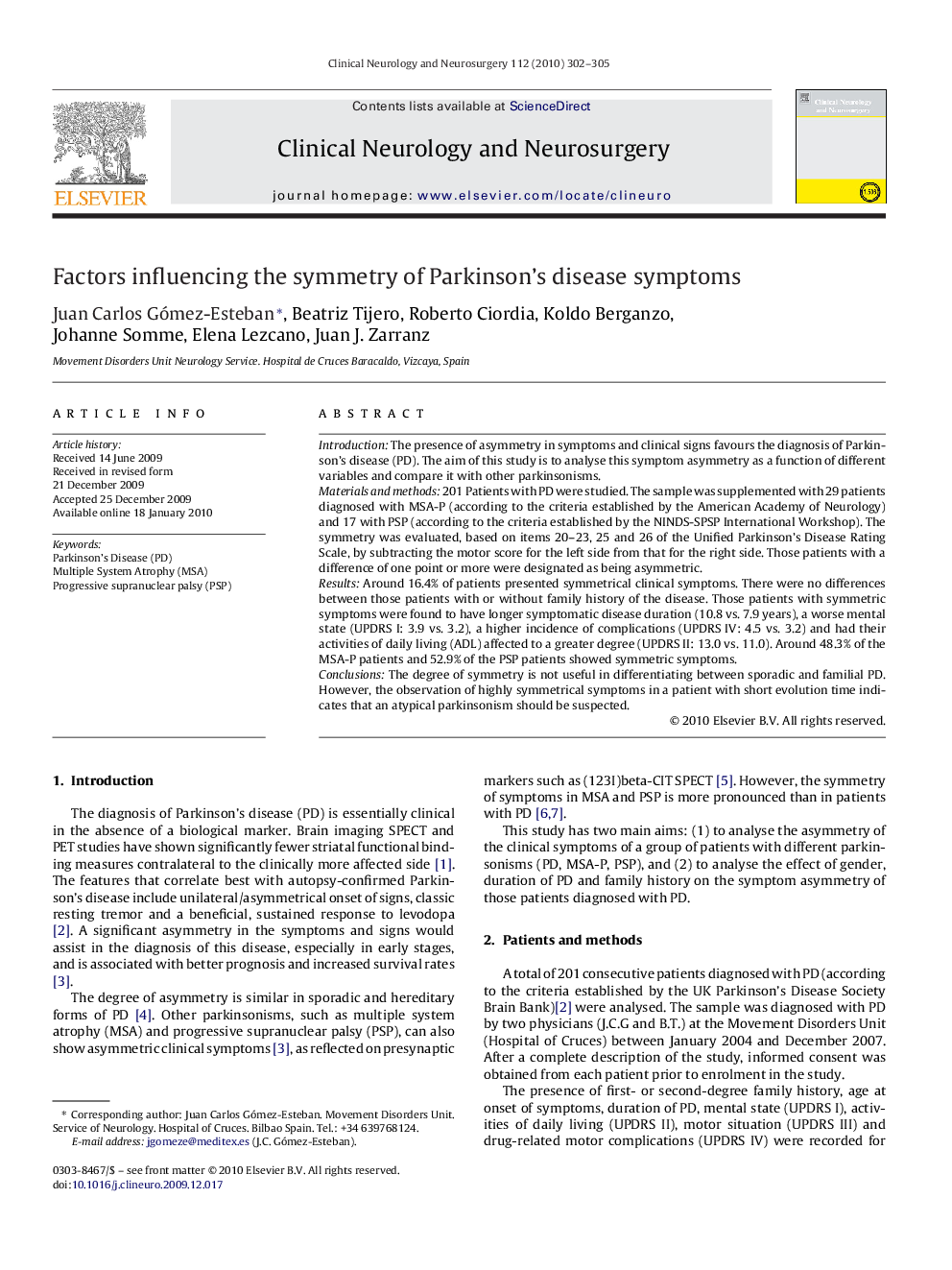 Factors influencing the symmetry of Parkinson's disease symptoms