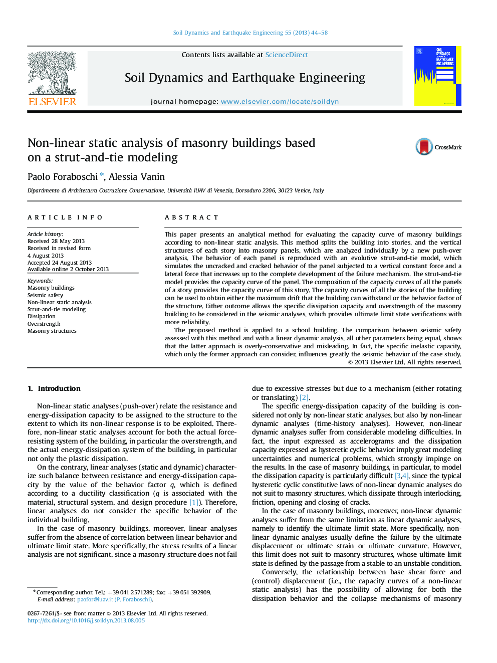 Non-linear static analysis of masonry buildings based on a strut-and-tie modeling