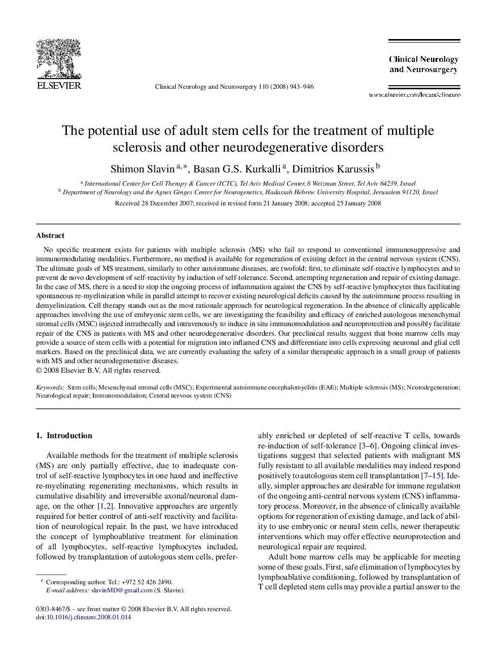 The potential use of adult stem cells for the treatment of multiple sclerosis and other neurodegenerative disorders