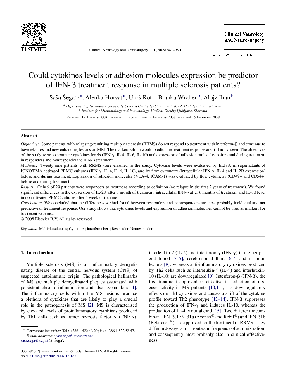 Could cytokines levels or adhesion molecules expression be predictor of IFN-β treatment response in multiple sclerosis patients?