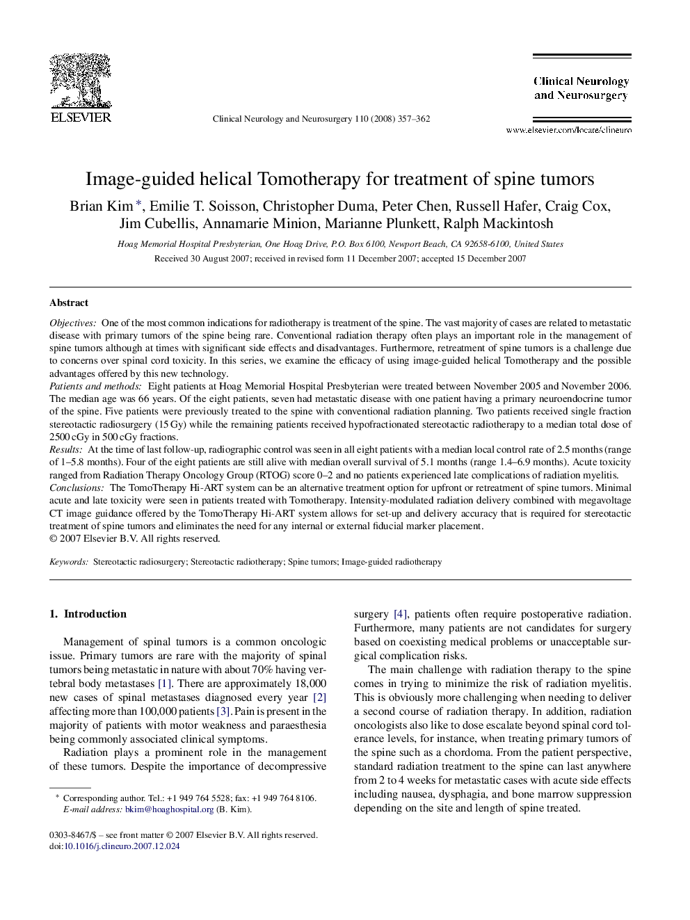 Image-guided helical Tomotherapy for treatment of spine tumors