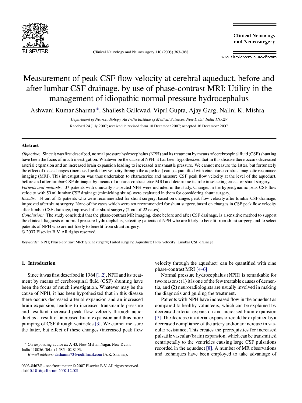 Measurement of peak CSF flow velocity at cerebral aqueduct, before and after lumbar CSF drainage, by use of phase-contrast MRI: Utility in the management of idiopathic normal pressure hydrocephalus