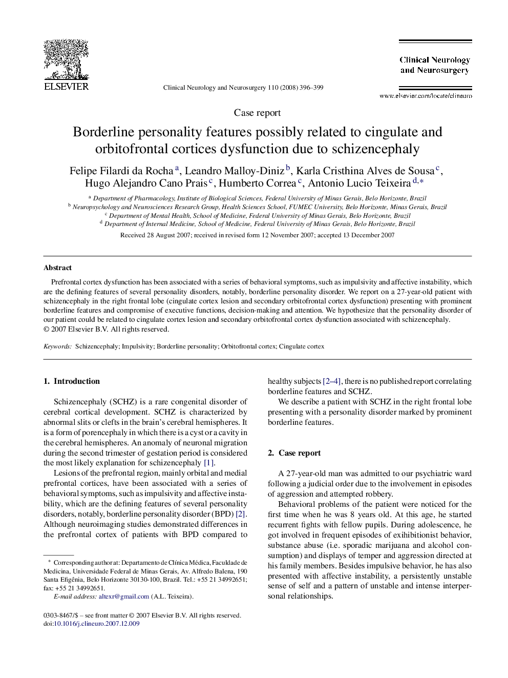 Borderline personality features possibly related to cingulate and orbitofrontal cortices dysfunction due to schizencephaly