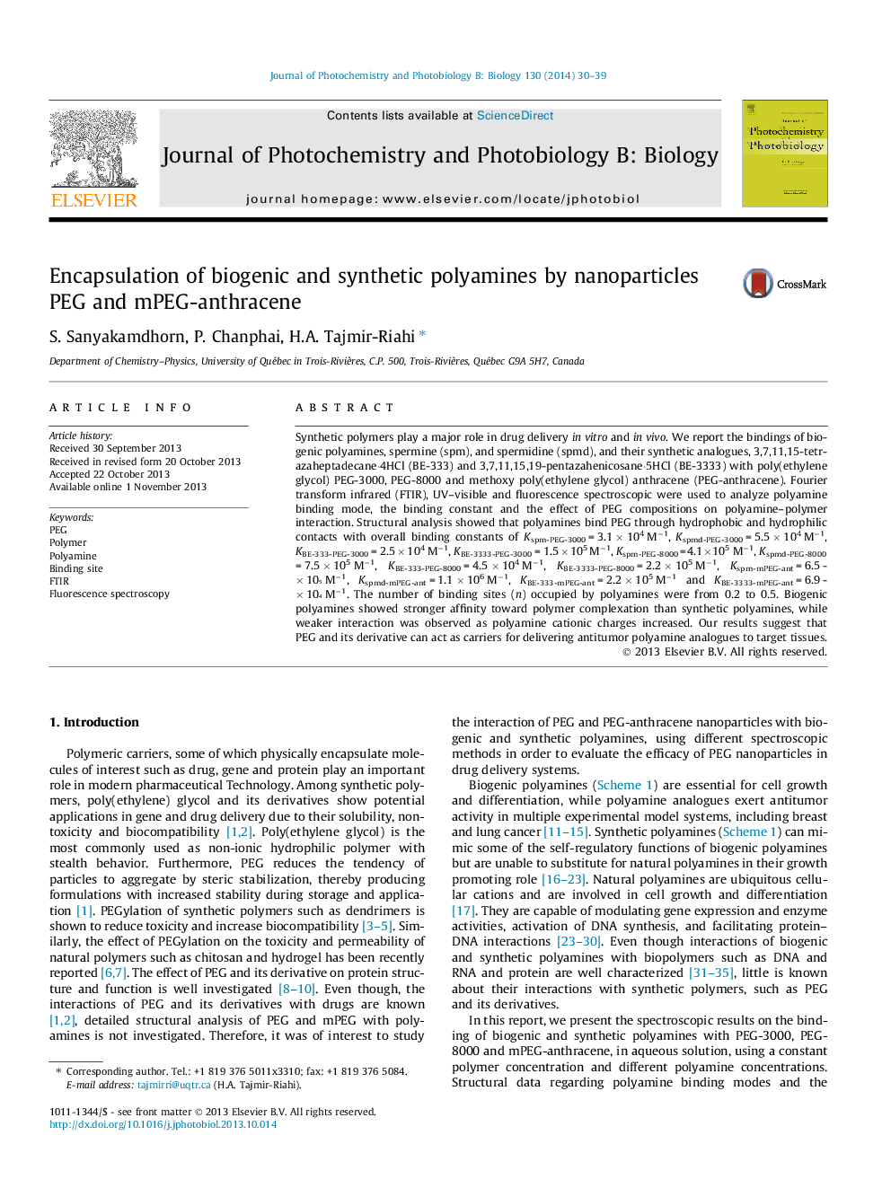 Encapsulation of biogenic and synthetic polyamines by nanoparticles PEG and mPEG-anthracene