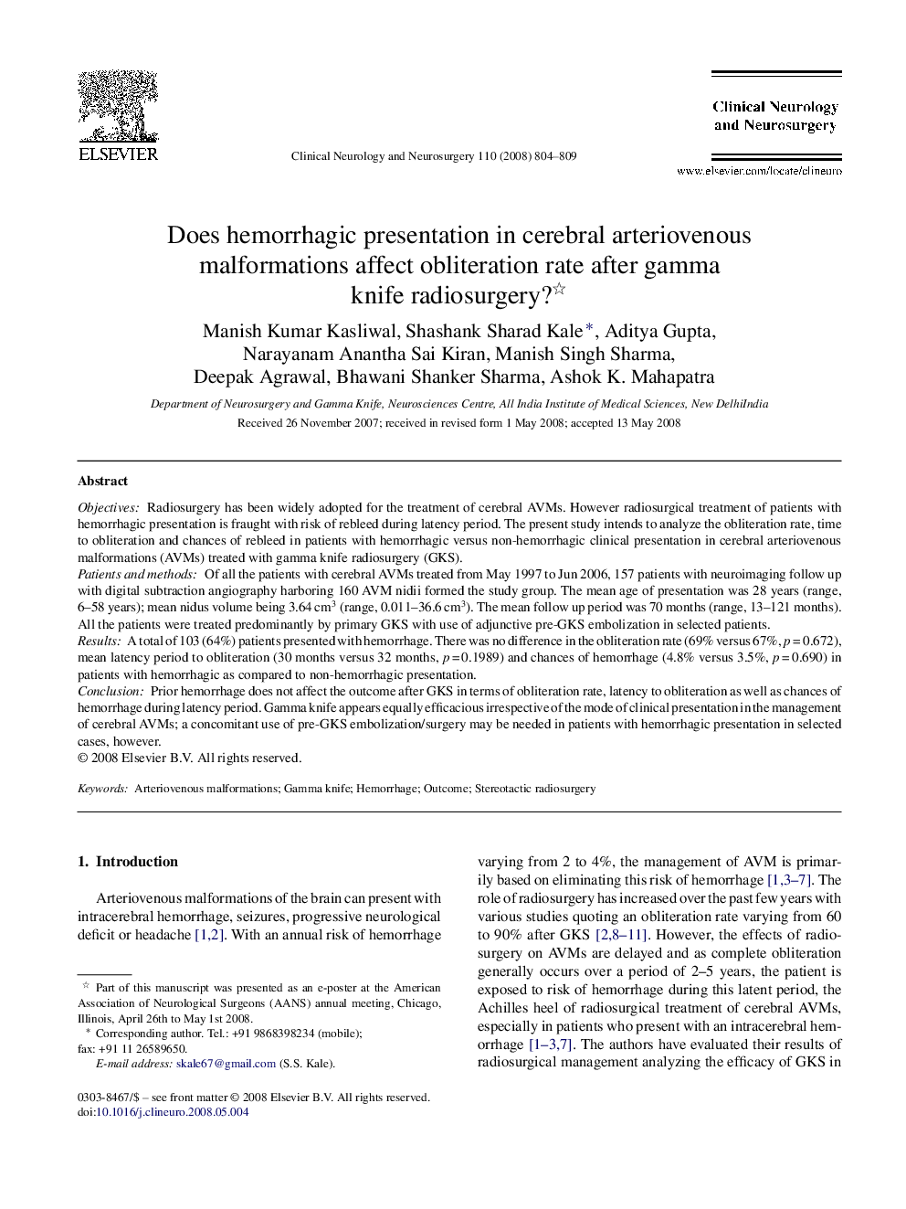 Does hemorrhagic presentation in cerebral arteriovenous malformations affect obliteration rate after gamma knife radiosurgery? 