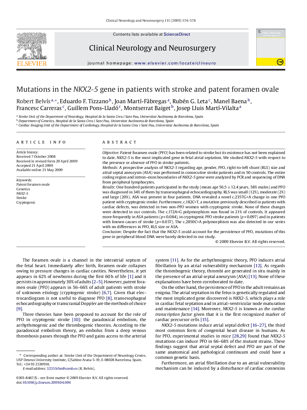 Mutations in the NKX2-5 gene in patients with stroke and patent foramen ovale