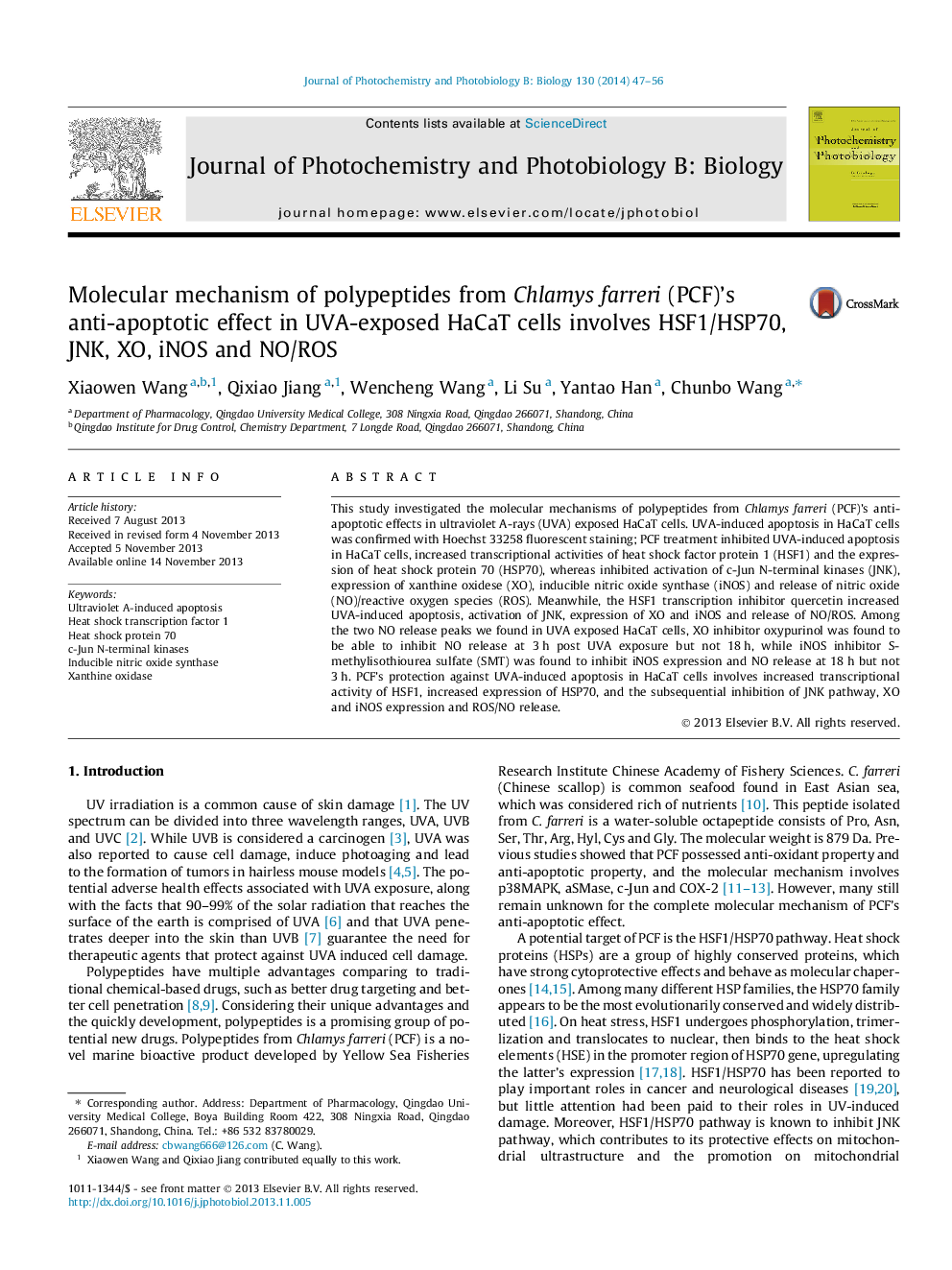 Molecular mechanism of polypeptides from Chlamys farreri (PCF)’s anti-apoptotic effect in UVA-exposed HaCaT cells involves HSF1/HSP70, JNK, XO, iNOS and NO/ROS